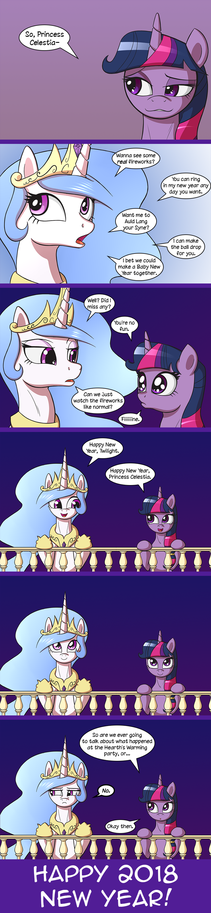 blue_hair crown dialogue female fur hair headgear holidays horn outside purple_body purple_eyes purple_fur purple_hair text white_body white_fur wings deusexequus friendship_is_magic hasbro my_little_pony mythology new_year new_year_2018 princess_celestia_(mlp) twilight_sparkle_(mlp) equid equine mammal mythological_creature mythological_equine unicorn winged_unicorn 2018 absurd_res comic digital_media_(artwork) english_text hi_res long_image tall_image