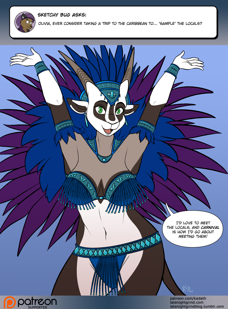 anthro ask_blog breasts cleavage clothed clothing costume dialogue female grazing green_eyes holidays horn samba skimpy solo speech_bubble text conditional_dnp kadath carnival_(holiday) olivia_(kadath) antelope bovid grazing_antelope mammal oryx 2018 comic digital_media_(artwork) english_text url