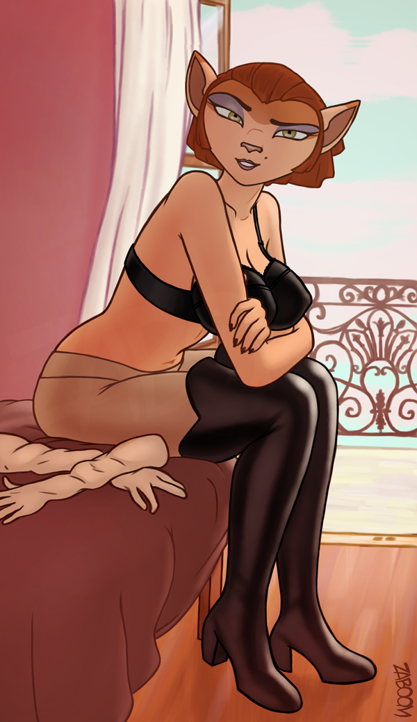 anthro bed boots bottomwear bra clothed clothing detailed_background female female_anthro footwear furniture gloves handwear high_boots high_heeled_boots high_heels inside leggings legwear looking_at_viewer pants pose shoes side_view solo text thigh_boots thigh_highs underwear zaboom disney treasure_planet captain_amelia felid humanoid mammal 2020 artist_name digital_drawing_(artwork) digital_media_(artwork) full-length_portrait portrait