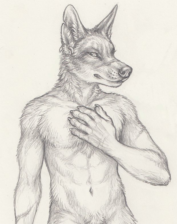 5_fingers abs anthro claws collarbone ear_piercing fingers front_view fur hand_on_chest looking_at_viewer male muscular muscular_anthro muscular_male navel notched_ear nude piercing pubes simple_background solo white_background rukis red_lantern_universe ransom canid canine canis coyote mammal 2016 greyscale half-length_portrait monochrome portrait sketch