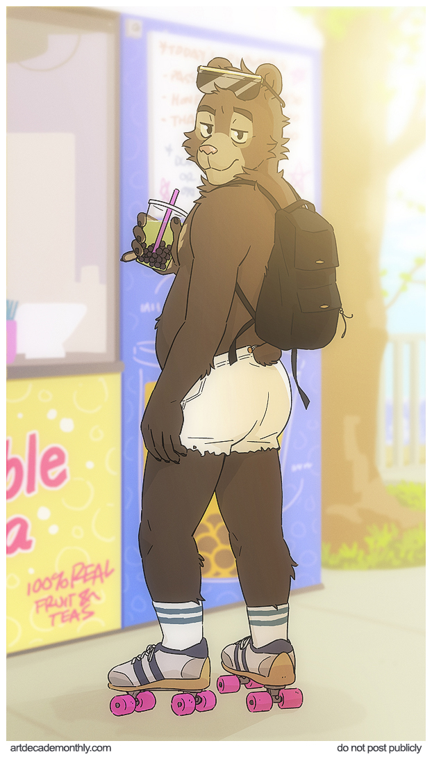 backpack beverage bottomwear bubble_tea clothed clothing eyewear eyewear_on_head male quad_skates roller_skates shorts solo sunglasses sunglasses_on_head text topless artdecade willy_(artdecade) bear mammal english_text url