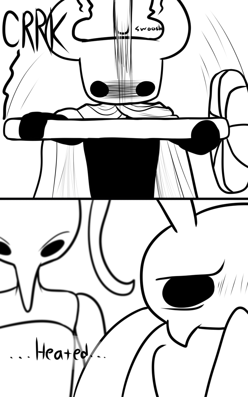 2_horns 2_panel_comic ambiguous_gender black_body black_eyes black_text cloak clothing dialogue ellipsis eyebrows group holding_object horn motion_lines simple_background sound_effects text trio white_background white_head skeletorskeletonized hollow_knight team_cherry bretta_(hollow_knight) iselda_(hollow_knight) the_knight_(hollow_knight) arthropod beetle insect vessel_(species) 2023 black_and_white comic english_text hi_res monochrome female_(lore)