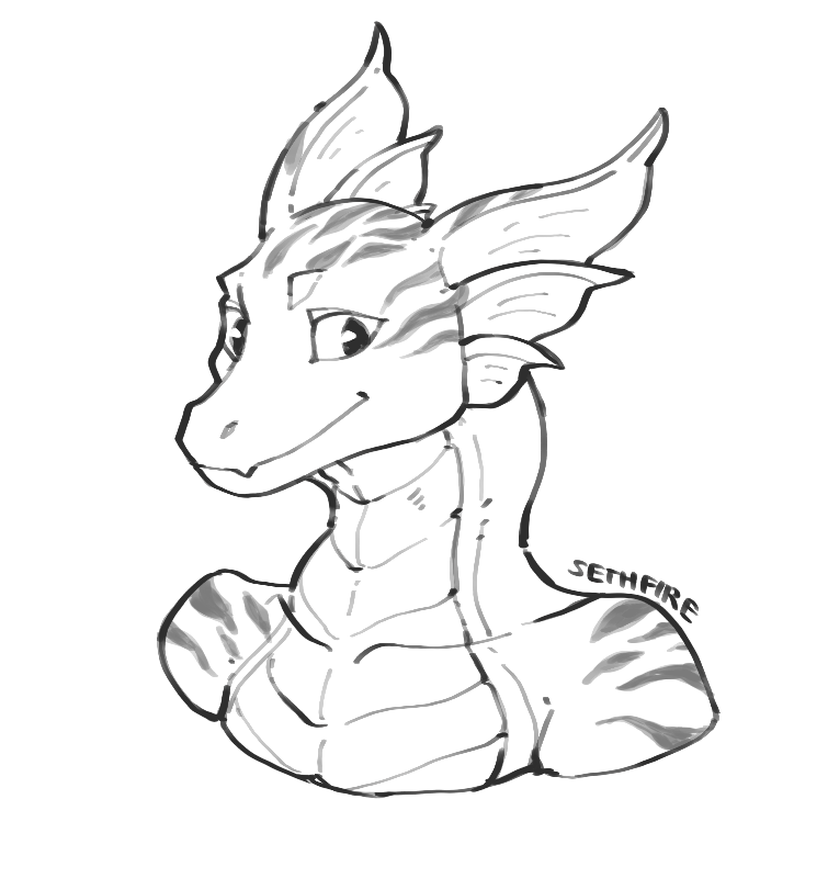 anthro ear_fins female fin simple_background smile solo striped_body stripes white_background sethfire mythology norna dragon mythological_creature mythological_scalie reptile scalie greyscale headshot_portrait monochrome portrait signature traditional_media_(artwork)