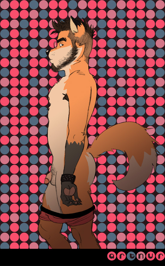 abstract_background anthro armpit_hair balls beard biped black_nose body_hair circumcised clothed clothing eyewear facial_hair flaccid fur genitals glasses gloves_(marking) hair humanoid_genitalia humanoid_penis looking_at_viewer male markings nipples orange_body orange_fur partially_clothed pawpads penis pink_penis short_hair side_view solo standing tail topless underwear underwear_down undressing rthur canid canine fox mammal 2011