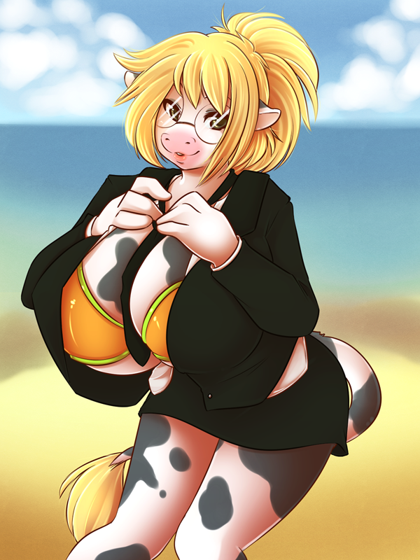 anthro beach big_breasts bikini blonde_hair bottomwear breasts business_suit clothed clothing cloud eyewear female glasses hair huge_breasts necktie office_lady outside pencil_skirt seaside skimpy skirt sky solo suit swimwear tail tail_tuft tuft two-piece_swimsuit undressing spazzykoneko georgina_tripplehorn bovid bovine cattle holstein_friesian_cattle mammal 3:4 digital_media_(artwork) shaded