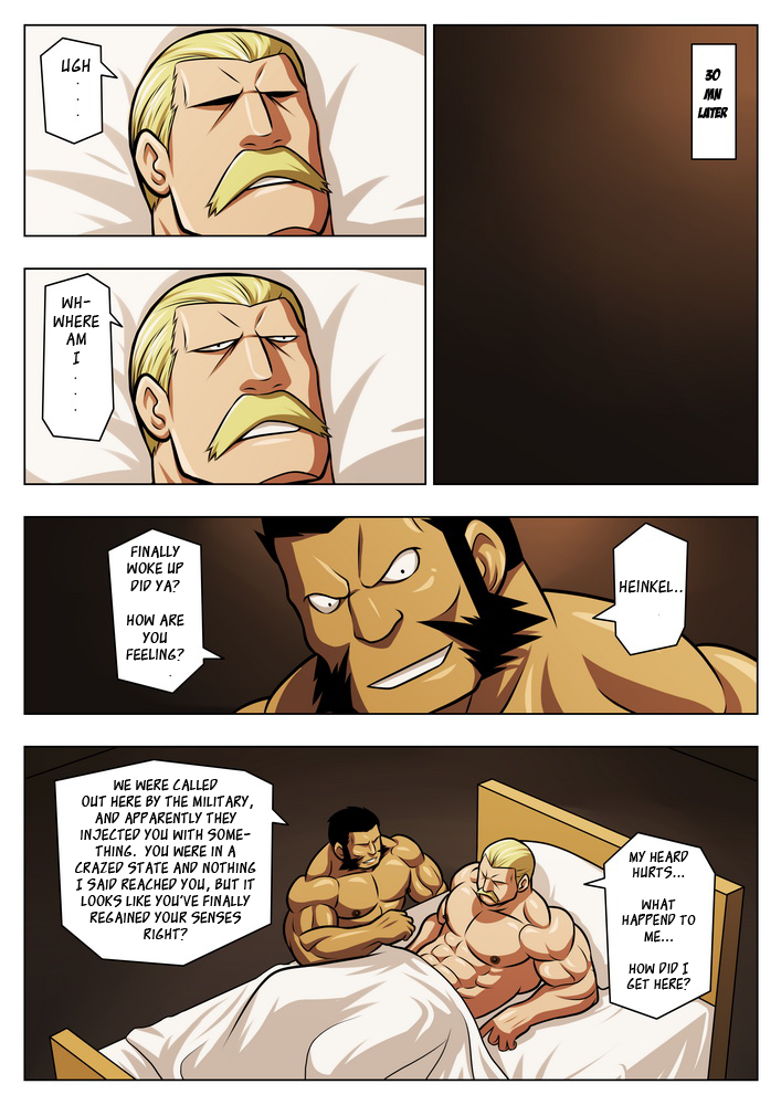 abs blonde_hair dialogue facial_hair hair male muscular mustache pecs text zelo_lee fullmetal_alchemist darius_(fullmetal_alchemist) heinkel_(fullmetal_alchemist) human mammal comic english_text translated