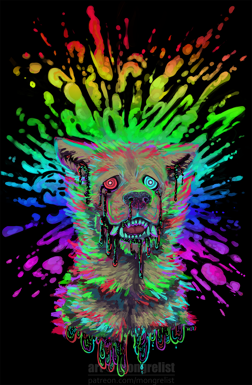 abstract_art ambiguous_gender black_background blood bodily_fluids colored_blood crying_blood fur heterochromia psychedelic rainbow rainbow_blood simple_background solo teeth unusual_blood unusual_bodily_fluids mongrelist canid canine canis mammal wolf 2018 colorful_theme digital_media_(artwork) digital_painting_(artwork) headshot_portrait hi_res portrait watermark