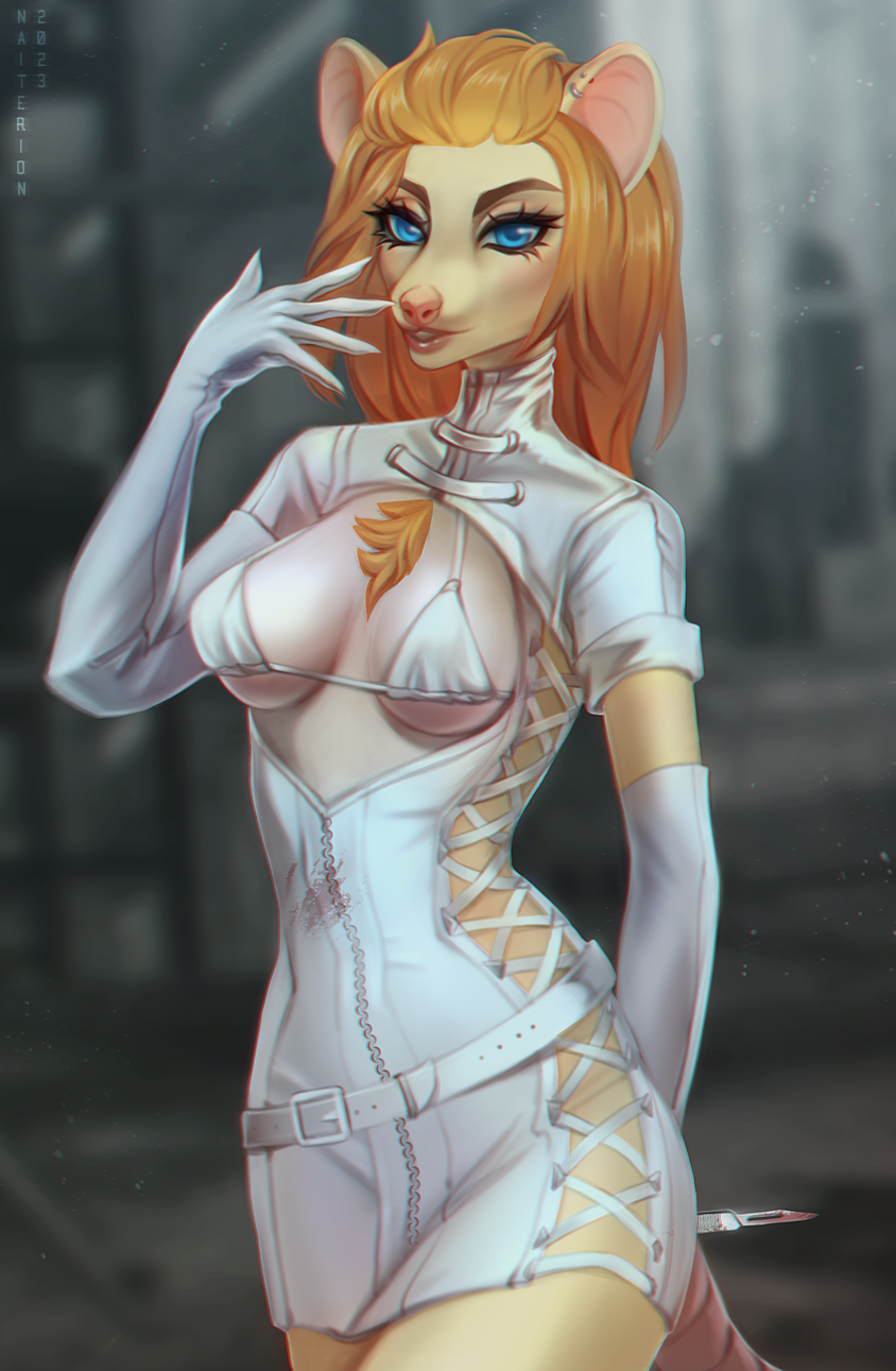 anthro blue_eyes breasts clothed clothing ear_piercing ear_ring eyebrows eyelashes female hair looking_at_viewer orange_hair piercing ring_piercing solo standing naiterion mammal mouse murid murine rodent 2023 digital_media_(artwork) hi_res