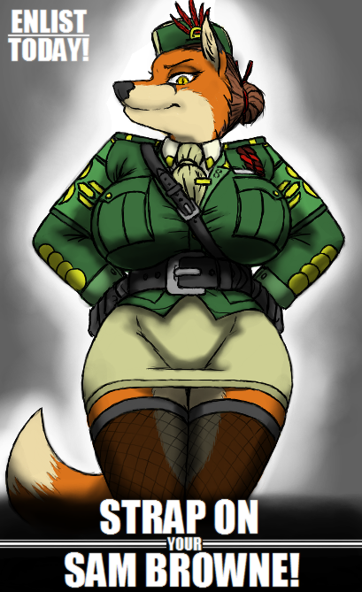 anthro belt big_breasts breasts clothed clothing female fully_clothed hair hair_bun hat headgear headwear korps_insignia legwear looking_at_viewer necktie recruitment_poster smile solo stockings text uniform wide_hips kraken_(artist) canid canine fox mammal english_text