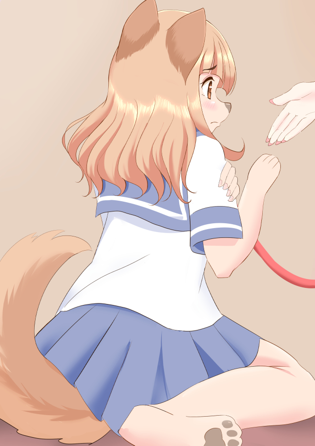 ambiguous_gender animal_tail asian_clothing brown_eyes clothed clothing disembodied_hand duo east_asian_clothing female hair japanese_clothing japanese_school_uniform leash nails orange_hair pawpads paws rosy_cheeks school_uniform serafuku sitting snout transformation uniform roina animal_humanoid canid canid_humanoid canine canine_humanoid humanoid mammal mammal_humanoid 2019