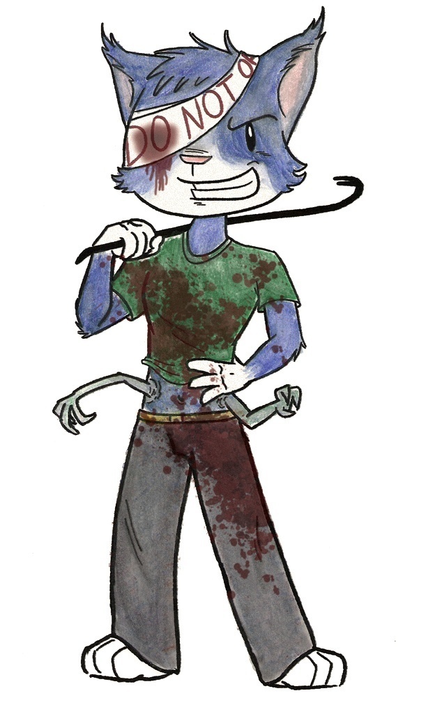 3_fingers 3_toes 4_arms 4_fingers anthro bandage bandaged_eye beady_eyes biped blood blood_on_clothing blood_on_eye blood_on_face blood_on_fur bodily_fluids bottomwear cheek_tuft clothed clothing crowbar facial_tuft feet fingers fur green_clothing green_shirt green_topwear grey_bottomwear grey_clothing grey_pants grin hand_on_hip head_tuft holding_crowbar male markings multi_arm multi_limb pants shirt smile solo standing t-shirt tailless toes tools topwear tuft white_markings unknown_artist ruby_quest tom_(rq) domestic_cat felid feline felis mammal traditional_media_(artwork)