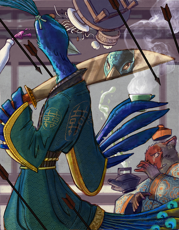 alcohol anthro arrow_(weapon) beak beverage clothed clothing dumplings duo feathered_wings feathers food looking_at_viewer male melee_weapon noodles ranged_weapon reflection sword weapon wine winged_arms wings chris_goodwin ailurid avian bird galliform mammal peafowl phasianid red_panda