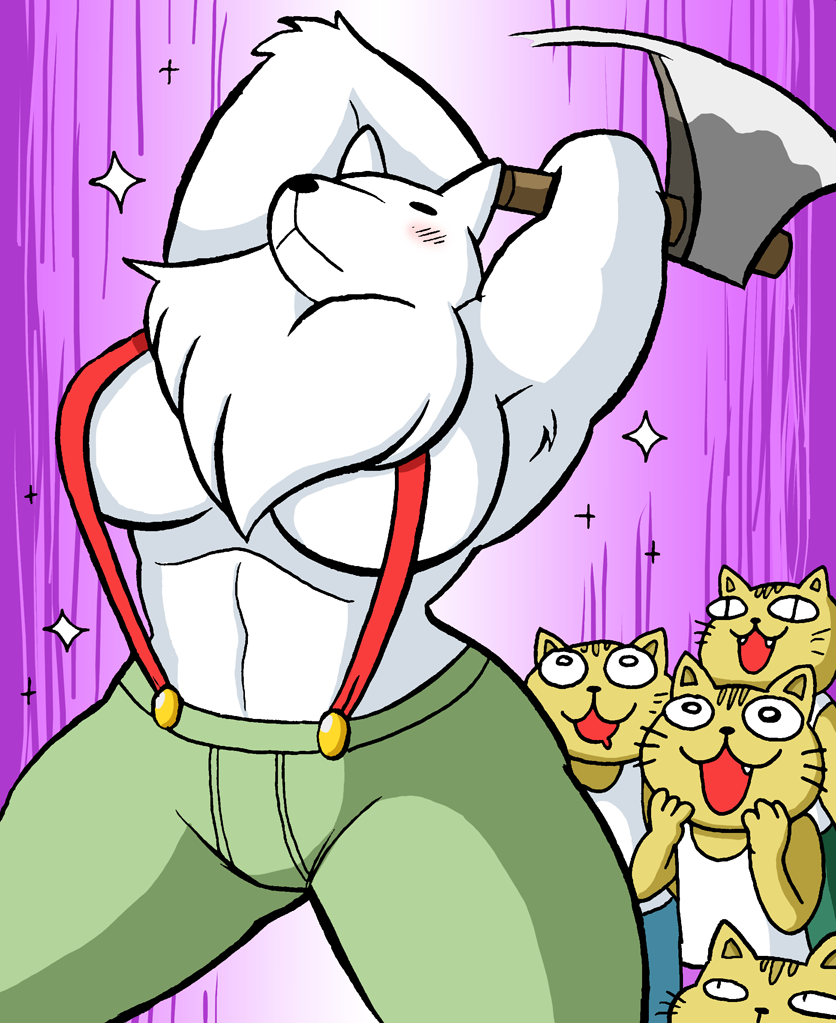 anthro axe biceps big_breasts blush bottomwear breasts clothing crossgender eyes_closed felling_axe female group lumberjack male melee_weapon muscular muscular_female open_mouth pants sparkles suspenders weapon grepstrash nintendo rhythm_heaven lumbercat woodcutter_bear bear domestic_cat felid feline felis mammal polar_bear ursine 2016