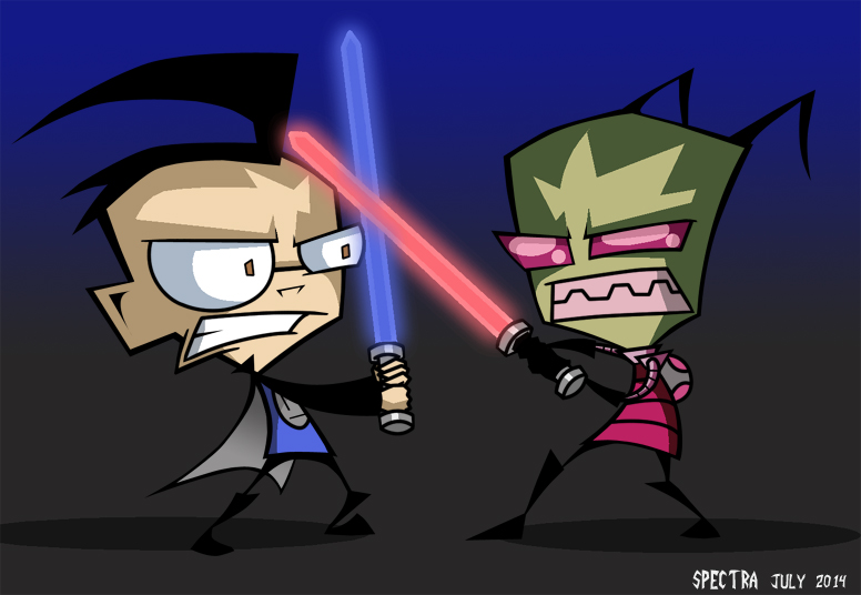 black_clothing black_hair black_jacket black_topwear blue_lightsaber clothing duo eyewear fight glasses hair jacket lightsaber male melee_weapon not_furry red_lightsaber topwear weapon spectra22 invader_zim nickelodeon star_wars dib_membrane zim_(invader_zim) alien human irken mammal