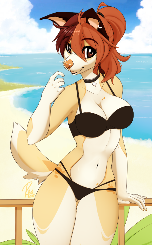 5_fingers anthro bikini breasts brown_eyes brown_hair cleavage clothed clothing day detailed_background ear_piercing ear_ring eyebrows eyelashes female fingers hair looking_at_viewer midriff navel outside piercing ring_piercing sky smile solo standing swimwear two-piece_swimsuit wolflady danika_(wolflady) canid canine canis domestic_dog mammal 2022 digital_media_(artwork)