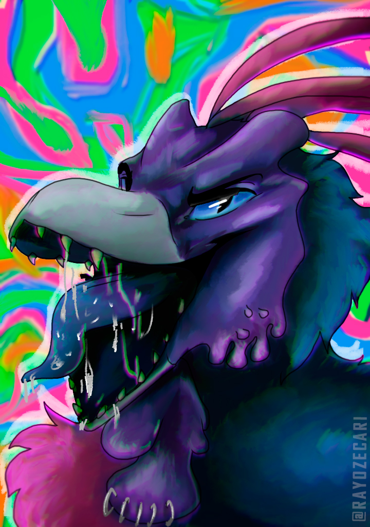 ambiguous_gender beak bodily_fluids dripping furgonomics furry-specific_piercing open_mouth piercing saliva saliva_drip saliva_on_tongue smile solo teeth tongue rayozecari crux_winnow ravel bust_portrait portrait