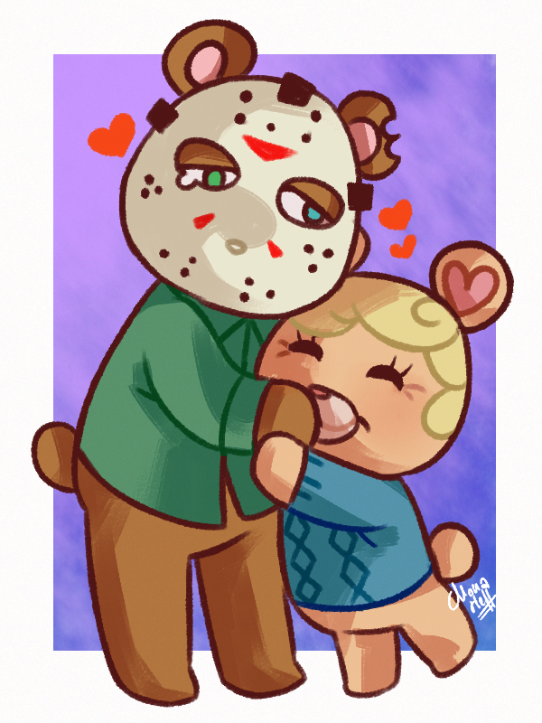 anthro blonde_hair bodily_fluids brown_body brown_fur clothing duo eyes_closed female fur hair heart_symbol heterochromia hockey_mask hug male mask notched_ear size_difference sports_mask sportswear sweater teardrop tears topwear missmonahell animal_crossing friday_the_13th_(series) nintendo jason_voorhees pamela_voorhees bear mammal 3:4 mother_(lore) mother_and_child_(lore) mother_and_son_(lore) parent_(lore) parent_and_child_(lore) parent_and_son_(lore) son_(lore)