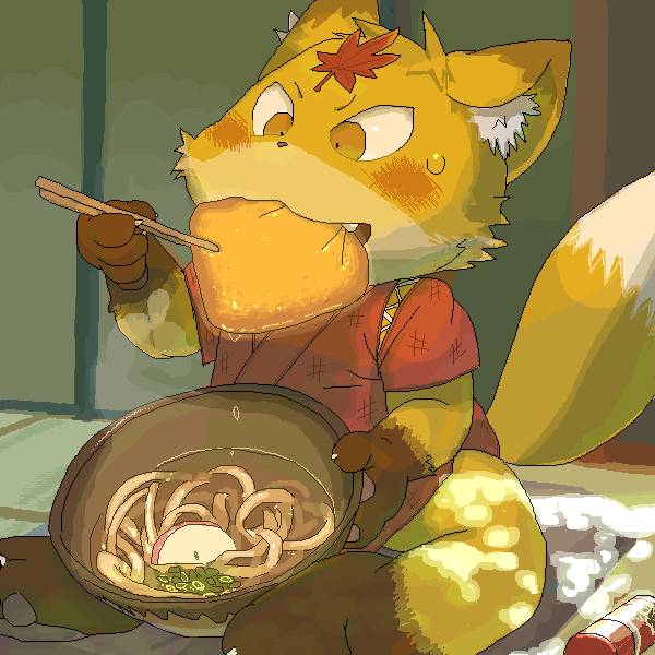 ambiguous_gender anthro biped blush bowl chopsticks container detailed_food dipstick_tail eating food leaf markings noodles sitting solo tail tail_markings yellow_eyes young young_anthro gappu canid canine fox mammal 1:1 detailed digital_media_(artwork) oekaki