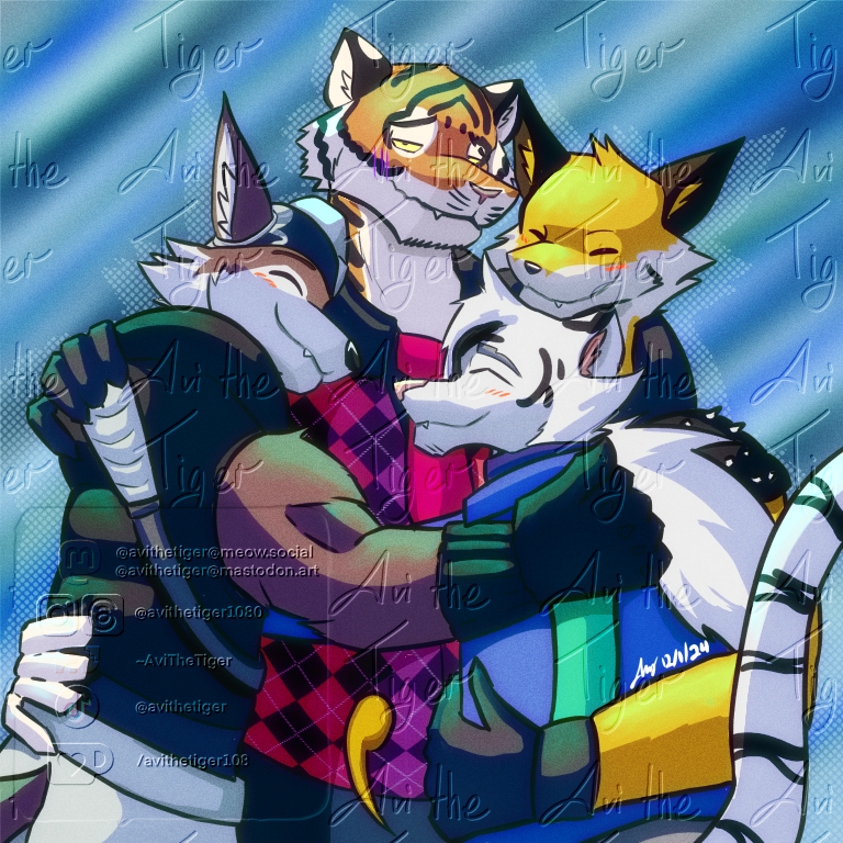 anthro blush fur group happy hug male muscular muscular_arms muscular_male smile white_body white_fur avi_the_tiger forestpunktiger pallav_the_tiger epic_games fortnite avi_(avi_the_tiger) fennix_(fortnite) oscar_(fortnite) wendell_(fortnite) canid canine canis felid fox mammal pantherine red_fox tiger true_fox wolf 1:1