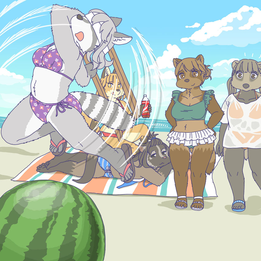 5_toes anthro barefoot beach bikini bikini_skirt bikini_under_clothing blindfold clothed clothing feet female food fruit group humanoid_feet kemono melon plant plantigrade seaside side-tie_bikini side-tie_clothing side-tie_swimwear soles string_bikini swimwear toes two-piece_swimsuit watermelon ekaki510 badger canid canine civet fox japanese_badger mammal masked_palm_civet meles mustelid musteline palm_civet procyonid raccoon raccoon_dog red_fox tanuki true_fox viverrid 1:1