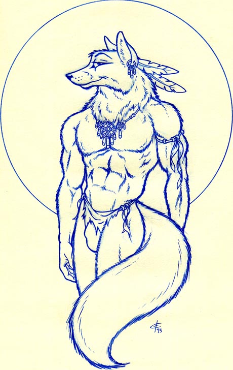 abs anthro bulge clothed clothing detailed_bulge feathers fluffy fluffy_tail genital_outline jewelry male muscular muscular_anthro muscular_male necklace sheath_outline smile solo tail topless tribal iisaw canid canine canis coyote mammal 1993 blue_and_white monochrome