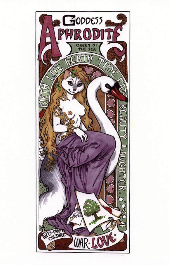 amber_eyes anthro art_nouveau black_body black_feathers blonde_hair breasts clothed clothing detailed_background duo feathers female feral fur hair heart_symbol long_hair looking_at_viewer mucha nipples plant smile solo_focus text topless tree white_body white_feathers white_fur terrie_smith european_mythology greek_mythology mythology aphrodite_(deity) anatid anseriform anserinae avian bird columbid deity dove felid mammal mute_swan swan english_text marker_(artwork) traditional_media_(artwork)