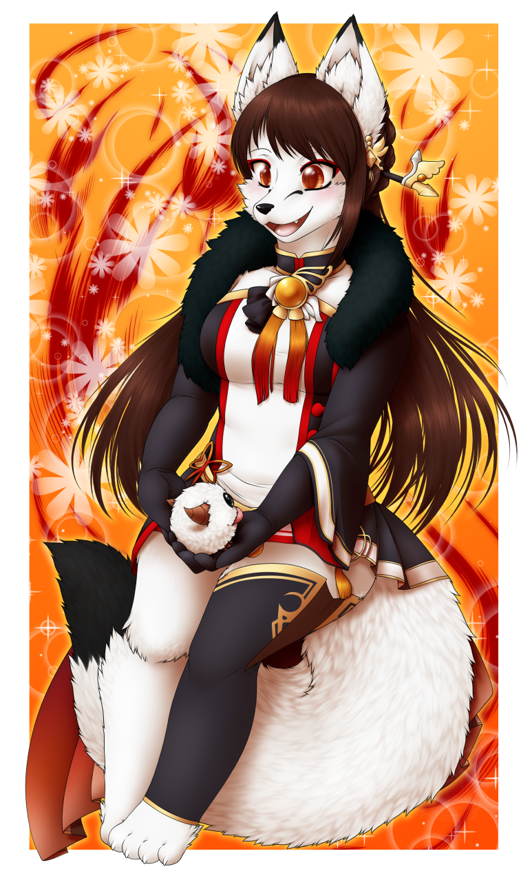 anthro clothed clothing female flower open_mouth plant smile solo lovelesskiax elsword ara_haan kiri canid canine fox mammal poro hi_res