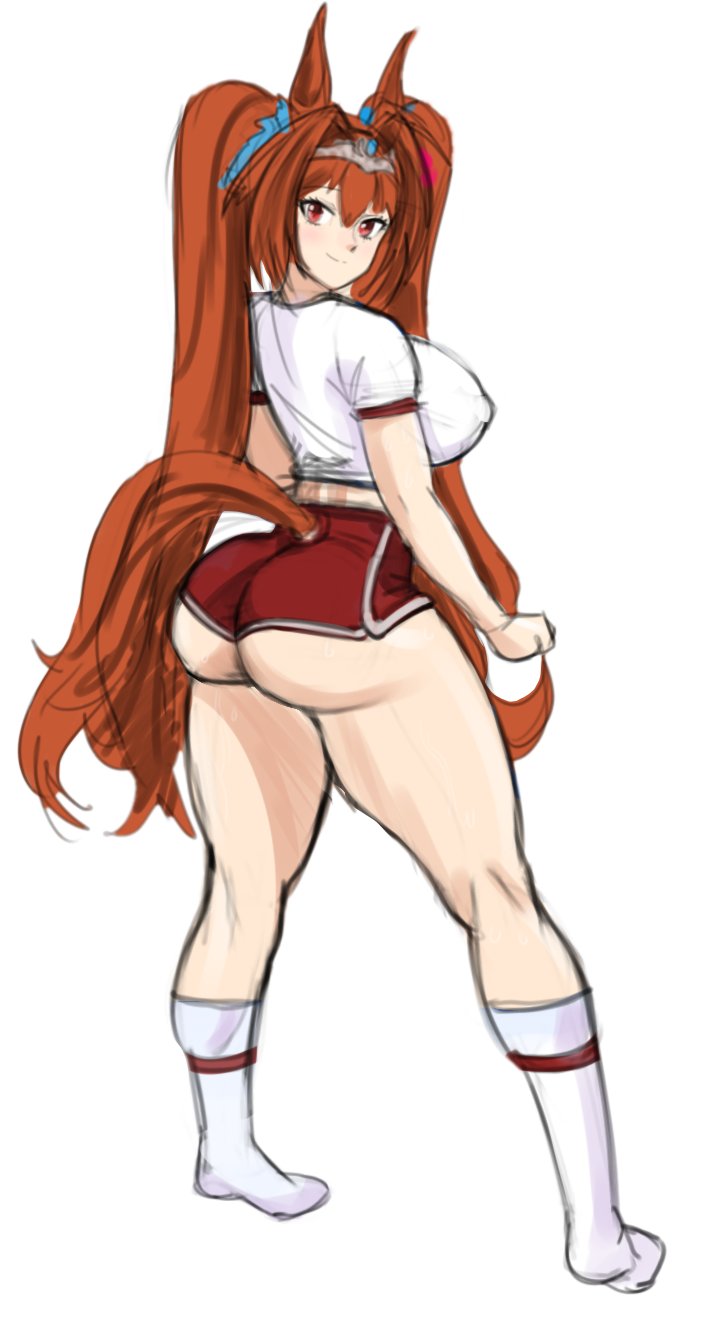 animal_ears animal_tail big_breasts big_butt blush bottomwear breasts brown_body brown_fur brown_hair butt clothing eyelashes female footwear fur hair long_hair looking_back nipple_outline rear_view red_bottomwear red_clothing red_shorts shorts simple_background smile socks solo tail tan_body tan_skin thick_thighs topwear twintails_(hairstyle) white_background white_clothing white_footwear white_socks white_topwear wide_hips fryerwamez cygames uma_musume_pretty_derby daiwa_scarlet_(pretty_derby) animal_humanoid equid equid_humanoid equine equine_humanoid horse_humanoid humanoid mammal mammal_humanoid tailed_humanoid hi_res