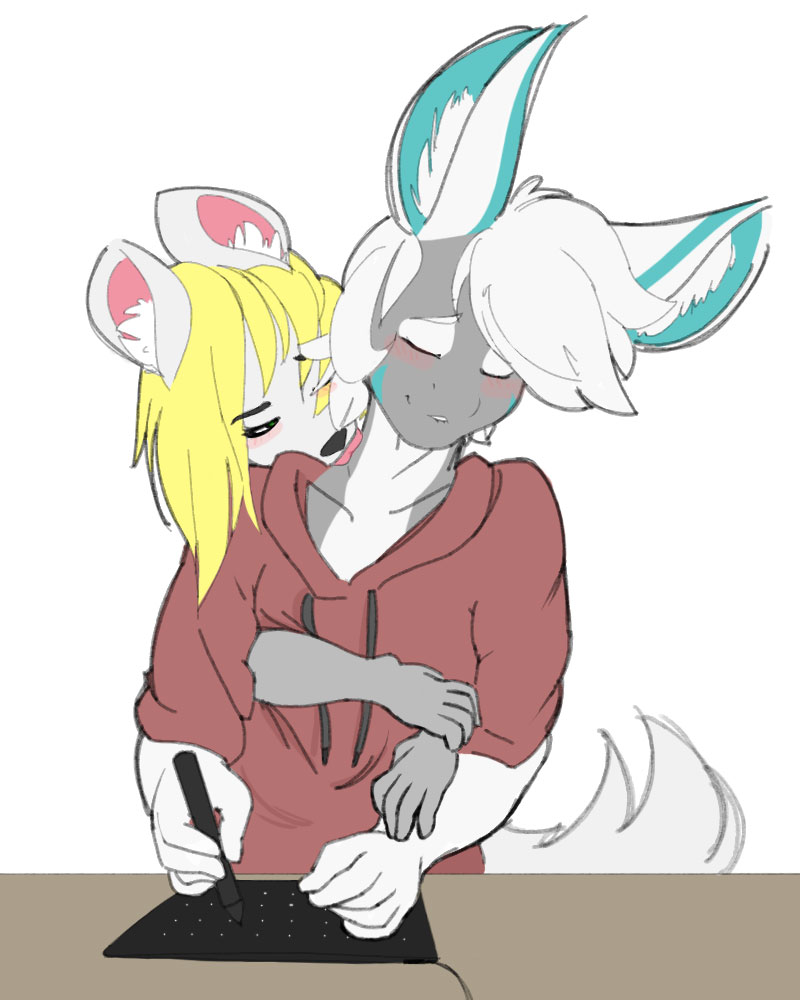 anthro bedroom_eyes bite biting_lip biting_own_lip blonde_hair blue_body blue_fur blue_skin blush clothed clothing cuddling desk drawing duo eyes_closed female flirting fluffy flustered fully_clothed fur furniture green_eyes grey_body grey_fur hair half-closed_eyes hoodie hug hugging_another hugging_from_behind licking lidded_eyes love male male/female narrowed_eyes neck_lick seductive self_bite simple_background sitting table teasing tongue tongue_out topwear white_background white_body white_fur serulean mythology andrev smiley_(nicholas_p_wilde) arctic_fox canid canine dragon fox luck_dragon mammal mythological_creature mythological_scalie scalie true_fox 2017 4:5 flat_colors