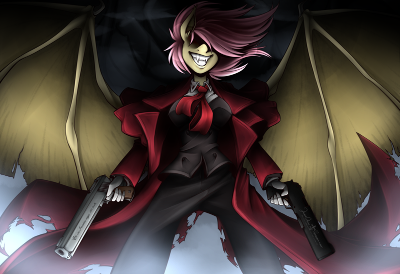 anthro anthrofied bat_wings clothing female gloves gun hair handgun handwear membrane_(anatomy) membranous_wings pink_hair pistol ranged_weapon smile solo weapon wings jadekettu quynzel friendship_is_magic hasbro hellsing my_little_pony alucard_(hellsing) flutterbat_(mlp) fluttershy_(mlp) bat_pony equid equine horse mammal pony crossover