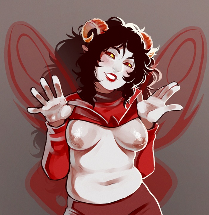 black_hair blush breasts clothed clothing clothing_lift female grey_body grey_skin hair horn nipples shirt shirt_lift smile solo topwear puni_(artist) unknown_artist homestuck ms_paint_adventures aradia_megido alien alien_humanoid horned_humanoid humanoid troll_(homestuck)