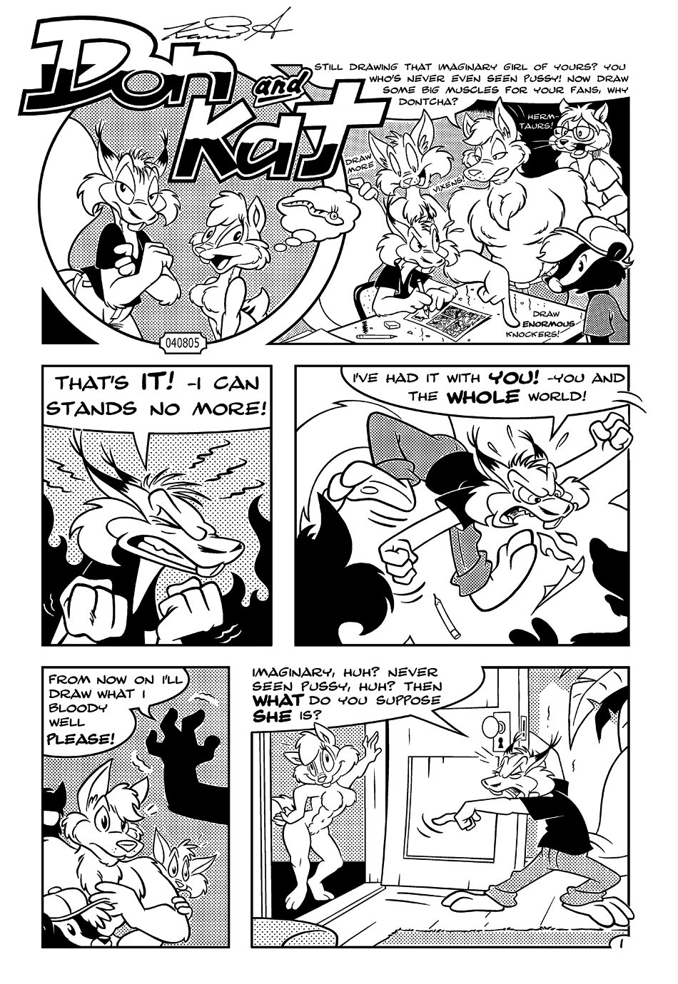 angry anthro clothing dialogue female group male tail text toony karri_aronen donny_squirrel kat_chipmunk nimbl_kitty canid canine canis domestic_cat felid feline felis mammal mephitid rodent sciurid skunk tree_squirrel wolf 2005 bad_metadata black_and_white comic english_text hi_res missing_sample monochrome