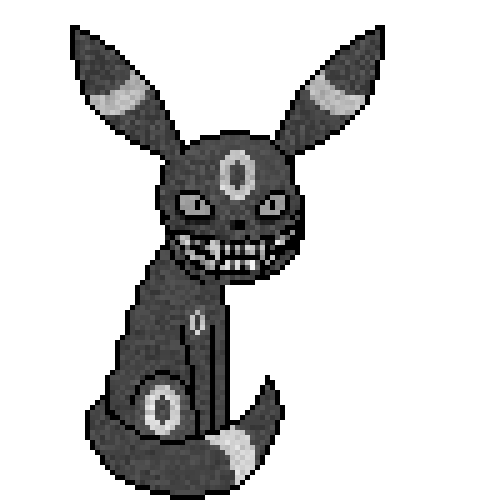 ambiguous_gender creepy creepy_smile curled_tail fangs fangs_bared looking_at_viewer simple_background smile smiling_at_viewer solo tail teeth transparent_background n8 nintendo off_(game) pokemon pablo_(off) eeveelution generation_2_pokemon pokemon_(species) umbreon 1:1 alpha_channel digital_media_(artwork) low_res monochrome pixel_(artwork)