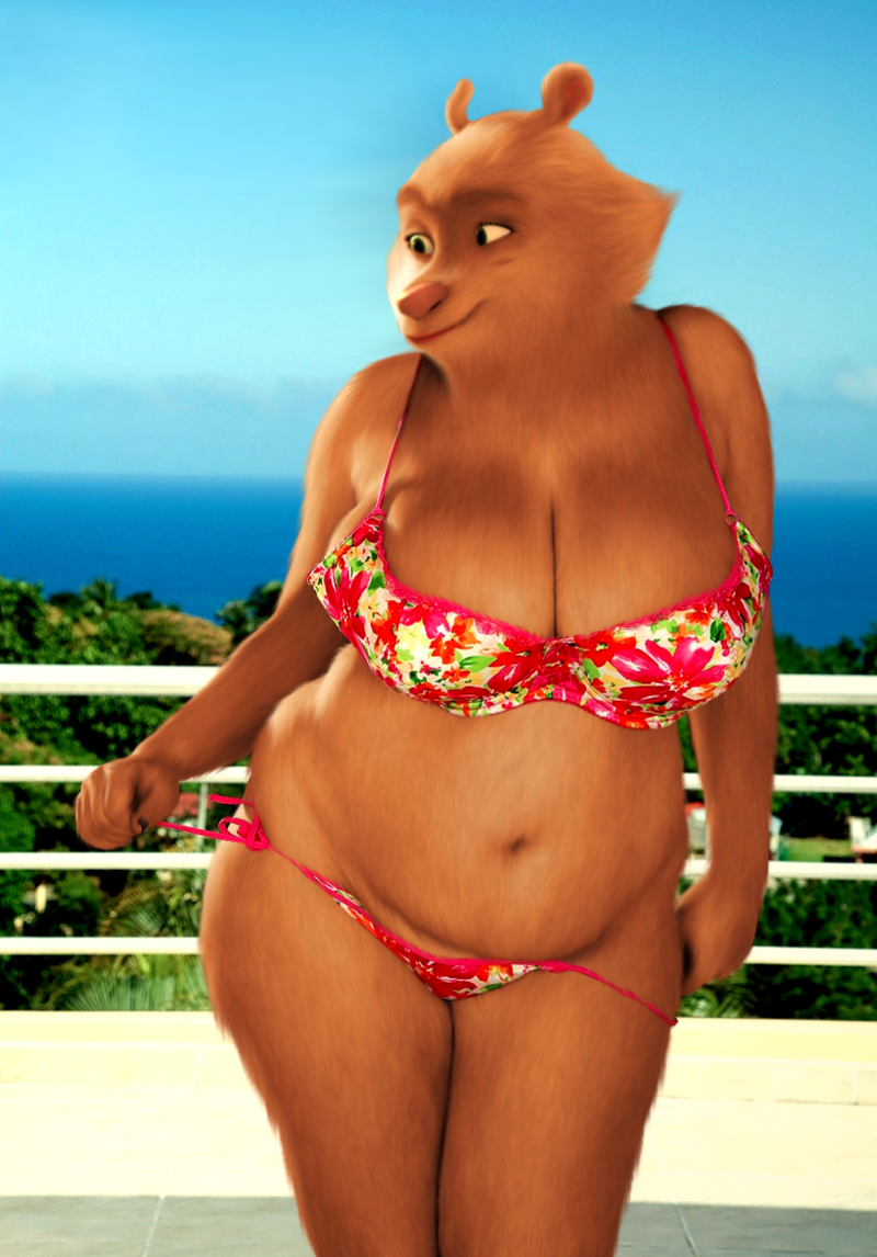 Rule 34 Dev - general:[alternate_form anthro anthrofied belly  big_breasts bikini breasts brown_body brown_fur cleavage  clothed clothing female fur green_eyes happy love_handles  naughty_face navel overweight ...