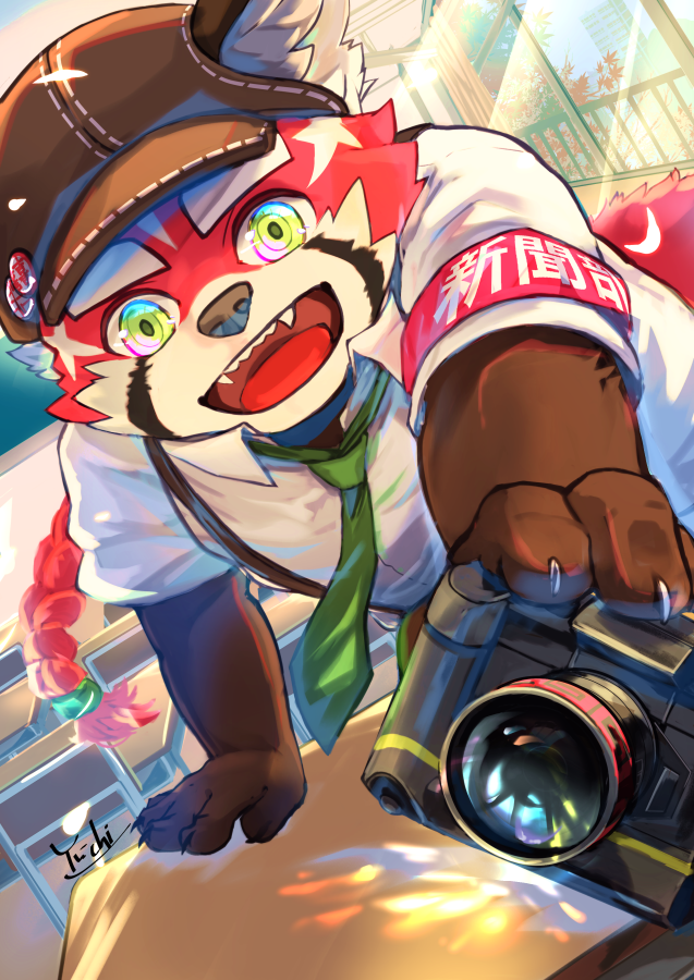 anthro black_nose camera classroom clothing detailed_background hat headgear headwear humanoid_hands inside kemono male necktie red_body school shirt solo topwear white_body young yu_chi_i lifewonders tokyo_afterschool_summoners zhurong_(tas) ailurid mammal red_panda 2021 alternate_version_at_source