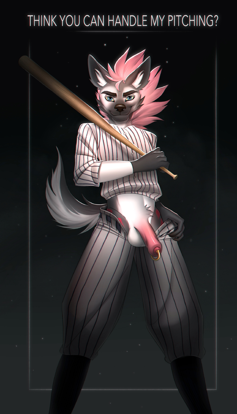 anthro baseball_bat baseball_uniform bat_(object) clothed clothing dialogue flaccid flashing flashing_penis foreskin genital_piercing genitals grey_body hair holding_object humanoid_genitalia humanoid_penis looking_at_viewer male offering_self offering_to_viewer partially_retracted_foreskin penis penis_piercing piercing pink_hair pose presenting presenting_balls presenting_penis prince_albert_piercing pubes simple_background smile solo sportswear talking_to_viewer text uniform vaalerie ambrose_stark hyena mammal spotted_hyena digital_media_(artwork) english_text hi_res pinup