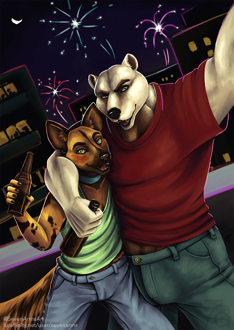 alcohol beverage blush bulge clothed clothing duo fireworks holidays looking_at_viewer male male/male muscular muscular_male open_mouth outside selfie smile sevenarms bear canid canine mammal 2017 digital_drawing_(artwork) digital_media_(artwork)