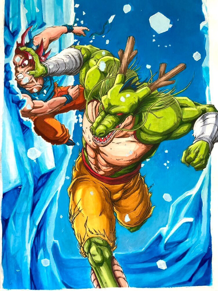 anthro anthrofied clothed clothing duo fight male navel pecs red_eyes super_saiyan_god super_saiyan_rose topless violence shenron.inc asian_mythology dragon_ball dragon_ball_super east_asian_mythology mythology goku shenron dragon eastern_dragon mythological_creature mythological_scalie saiyan scalie