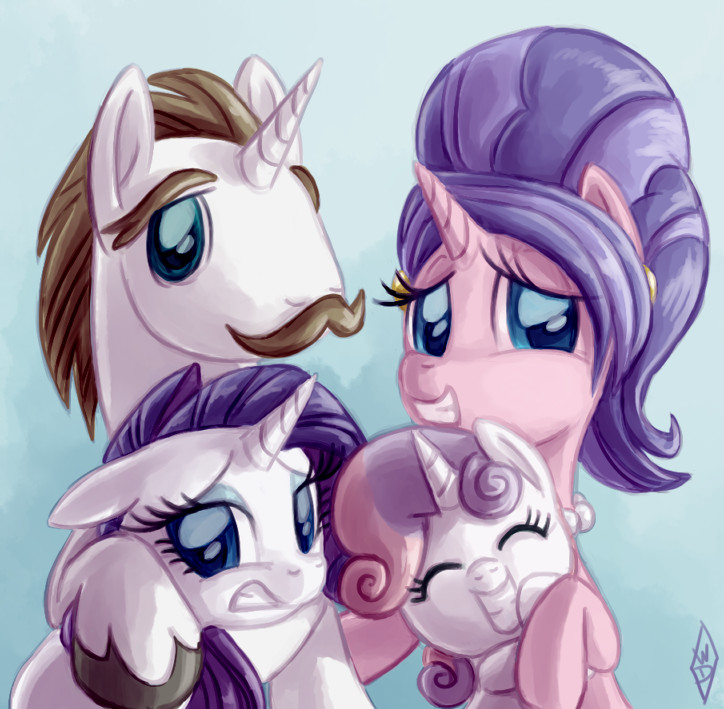 blue_eyes brown_hair eyes_closed facial_hair female fur group hair horn male multicolored_hair mustache pink_body pink_fur purple_hair smile two_tone_hair white_body white_fur whitediamonds friendship_is_magic hasbro my_little_pony mythology cookie_crumbles_(mlp) hondo_flanks_(mlp) rarity_(mlp) sweetie_belle_(mlp) equid equine mammal mythological_creature mythological_equine unicorn