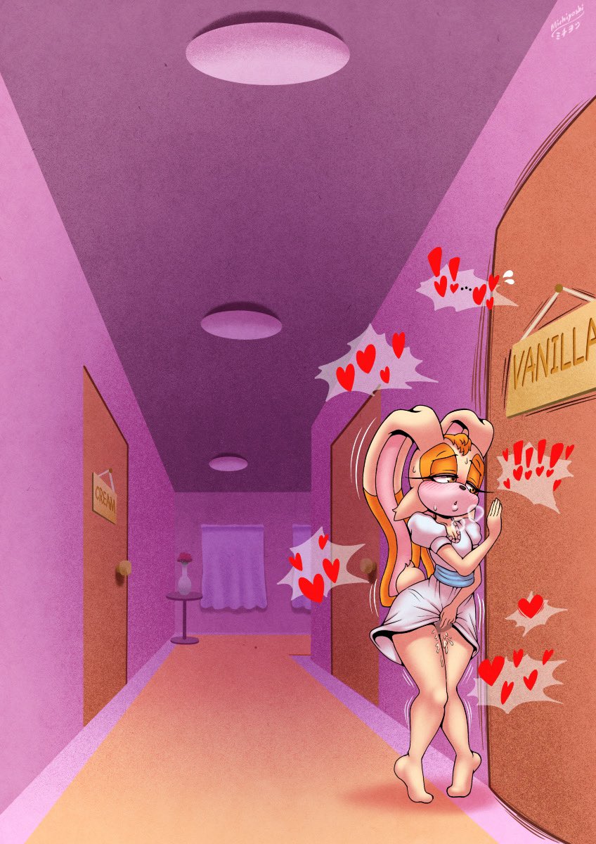 anthro biped bodily_fluids ceiling clothing curtains detailed_background door dress eavesdropping female fingering fingering_self furniture genital_fluids hallway heart_symbol masturbation sign solo text thick_thighs vaginal vaginal_fluids vaginal_masturbation vase michiyoshi sega sonic_the_hedgehog_(series) cream_the_rabbit lagomorph leporid mammal rabbit censored hi_res