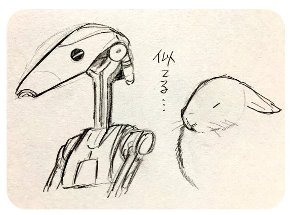 comparison ears_down eyes_closed fur long_ears machine pivoted_ears text whiskers ichthy0stega star_wars b1_battle_droid battle_droid lagomorph leporid mammal rabbit robot 2015 guide_lines japanese_text sketch_page translated