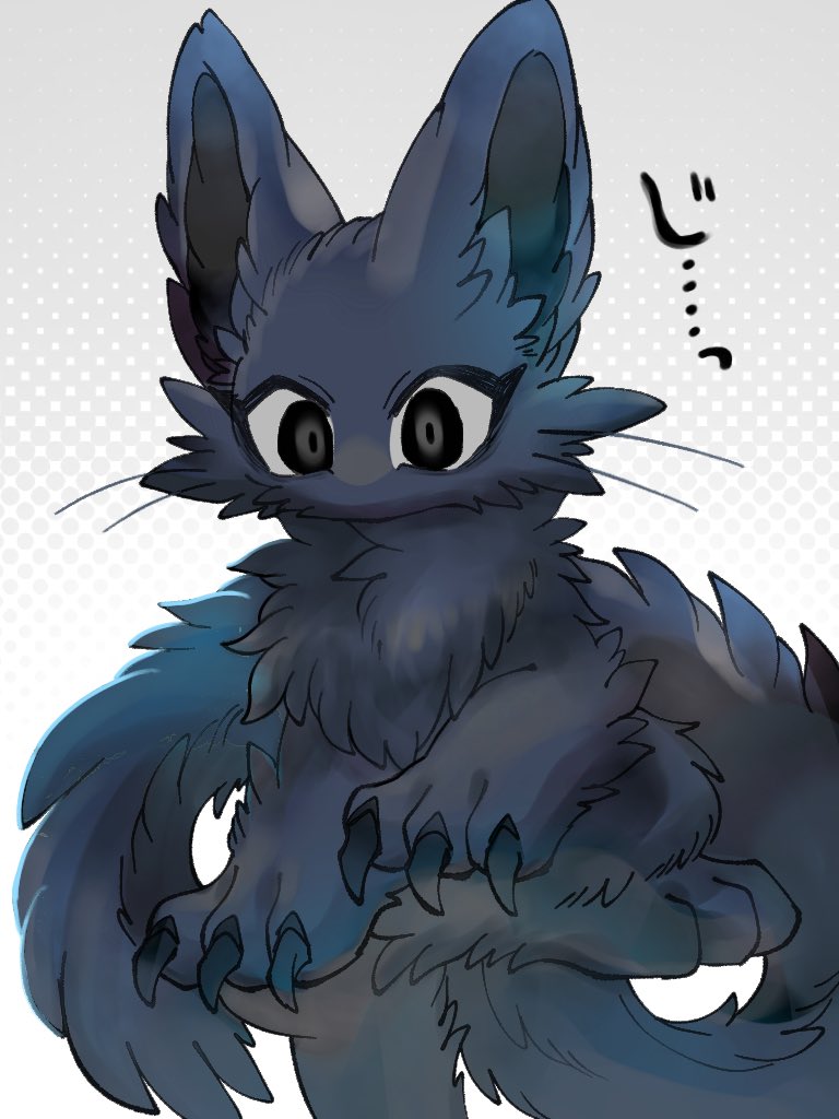 3_fingers 3_toes ambiguous_gender big_ears big_tail biped black_claws black_ears black_eyes black_inner_ear black_tail cheek_tuft claws crouching eyelashes facial_tuft feet feral finger_claws fingers fluffy fluffy_chest fluffy_ears fluffy_tail front_view fur kemono long_tail looking_at_viewer monotone_body monotone_fur monotone_tail mouthless neck_tuft pattern_background pupils semi-anthro simple_background slit_pupils solo stare tail text thick_fur toes tuft whiskers mekkyaru domestic_cat felid feline felis mammal 2024 3:4 colored digital_media_(artwork) full-length_portrait portrait shaded translated