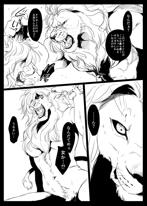 anthro breasts crotch_tuft duo female japanese looking_at_viewer male muscular muscular_anthro open_mouth snarling speech_bubble teeth text tuft whiskers monakabanzai felid lion mammal pantherine comic digital_media_(artwork) japanese_text monochrome