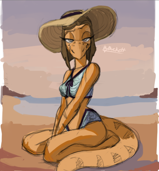 anthro beach bedroom_eyes bikini breasts brown_body brown_eyes brown_scales clothing detailed_background eyelashes female grey_eyes hat headgear headwear kneeling long_tail looking_at_viewer narrowed_eyes outside scales sea seaside seductive smile snout solo sun_hat swimwear tail two-piece_swimsuit water bybuckett cavemanon_studios snoot_game bianca_(bybuckett) fan_character dinosaur prehistoric_species reptile scalie 2024 digital_drawing_(artwork) digital_media_(artwork)