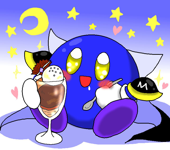 blue_body blush bodily_fluids cape clothing crescent_moon cutlery dessert drooling food gradient_background happy heart_symbol kitchen_utensils male moon not_furry parfait_(dessert) saliva simple_background solo spoon star tools yellow_eyes pixiv_id_14796165 kirby_(series) nintendo meta_knight alien waddling_head 2016 japanese_description