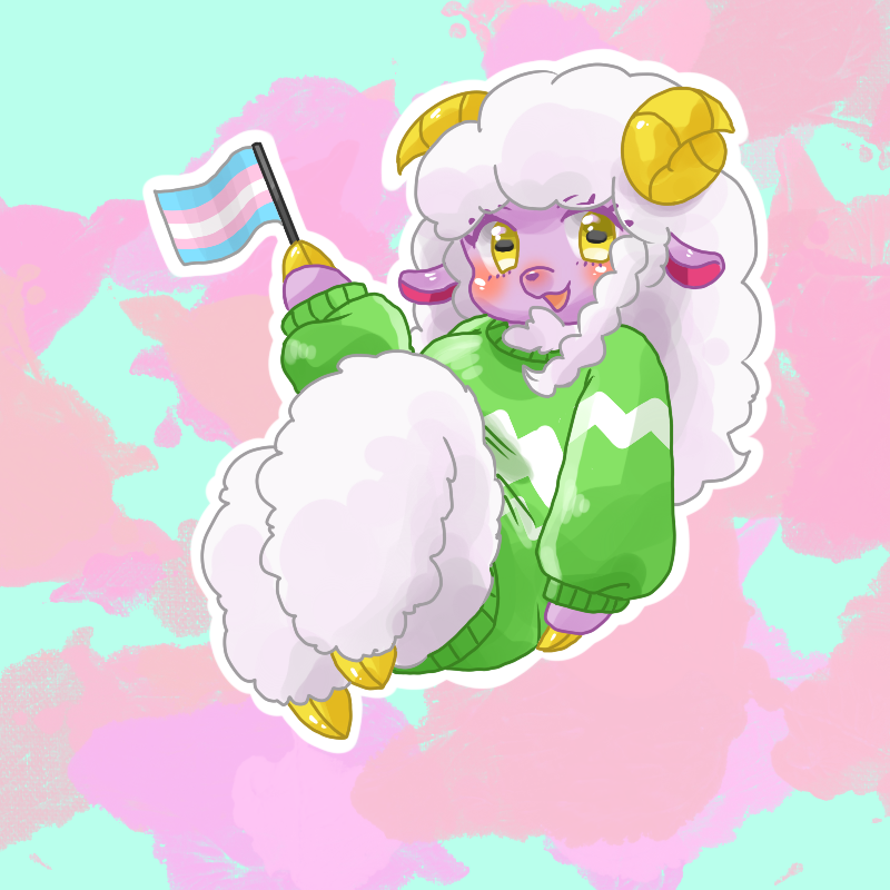 anthro barefoot blush breasts clothing curved_horn eyelashes eyelashes_through_hair feet female fingers flag flag_(object) fur green_clothing green_sweater green_topwear hair holding_flag holding_object hooved_fingers hooves horizontal_pupils horn lgbt_pride long_hair pink_body pride_color_flag pride_colors pupil pupils simple_background snout solo sweater tail topwear transgender_pride_colors translucent translucent_hair white_body wool_(fur) wool_hair yellow_eyes yaccccchy calla_(doodlesack12) bovid caprine mammal sheep 1:1 full-length_portrait portrait trans_(lore) trans_woman_(lore)