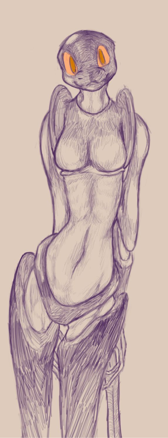 anthro breasts carapace featureless_breasts female glistening glistening_body hands_behind_back leaning long_fingers looking_at_viewer navel orange_eyes ribs slim smile solo standing axentooth larry_(axentooth) sclantra hi_res portrait