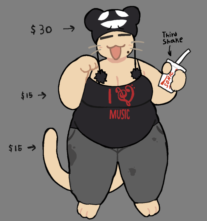 anthro barefoot belly big_belly big_breasts black_clothing black_outline black_shirt black_topwear bottomwear breasts cleavage clothed clothing container cup drinking_straw eyes_closed feet female fully_clothed fur grey_bottomwear grey_clothing grey_pants holding_container holding_cup holding_milkshake holding_object markings mole_(marking) open_mouth outline overweight overweight_anthro overweight_female pants shirt solo tan_body tan_fur text text_on_clothing text_on_shirt text_on_topwear topwear whiskers cassicat sonic_drive-in cassi_cat_(cassicat) domestic_cat felid feline felis mammal 2023 cel_shading digital_media_(artwork) english_text full-length_portrait portrait shaded trans_(lore) trans_woman_(lore)