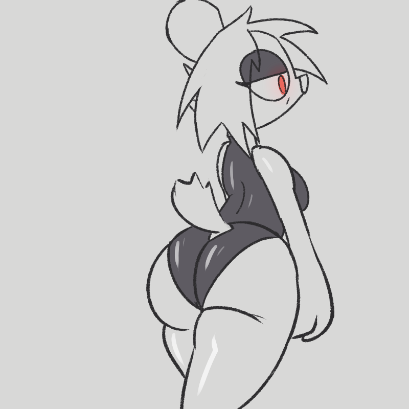 anthro big_butt big_ears black_clothing black_swimwear butt clothing female fod hair looking_aside one-piece_swimsuit rear_view red_eyes short_tail simple_background solo spiky_hair swimwear tail tight_clothing white_background white_body white_hair white_tail mossly cricetid hamster mammal rodent 1:1 2022 digital_media_(artwork) portrait sketch three-quarter_portrait