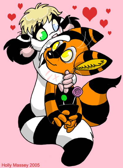 anthro blonde_hair candy chelsea_hair_cut dessert duo female food glamfur hair heart_symbol heterochromia lollipop male romantic romantic_couple short_hair simple_background tail yellow_eyes young young_anthro zeriara kaku_q._spookaboo zeriara_(character) lemur mammal primate ring-tailed_lemur strepsirrhine 2005